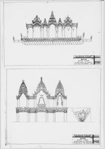Tour 49, galerie entre les cours 27 et 28, panneau est du mur sud, édifice figuré en bas-relief Tour 113, galerie entre les cours 35 et 36, mur nord-ouest, palais céleste en bas-relief EFEO_CAM16548