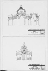 Tour 5, cour 23, loggia sud-est, mur sud, édifice figuré en bas-relief Tour 48, galerie entre les cours 27 et 28, panneau est du mur sud, édifice figuré en bas-relief EFEO_CAM16552